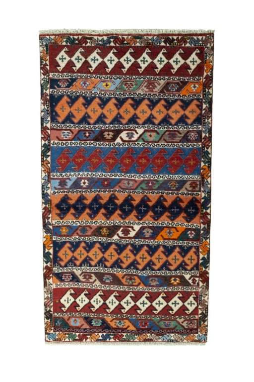 Full view of 2000s Persian Gabbeh rug from Iran / Persia, 153 × 85 cm in Multi Color tones
