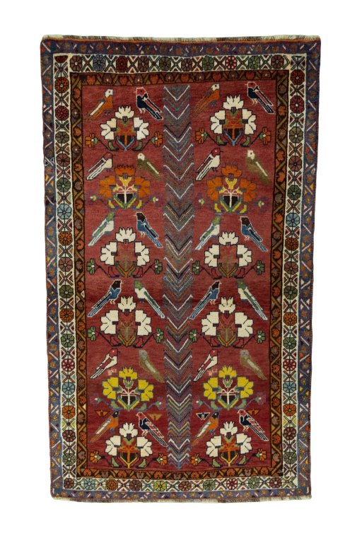 Full view of 1970s Persian Gabbeh rug from Iran / Persia, 225 × 132 cm in Red tones