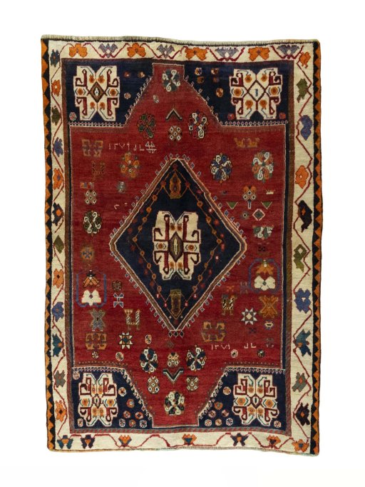 Full view of 2000s Persian Gabbeh rug from Iran / Persia, 230 × 158 cm in Red tones