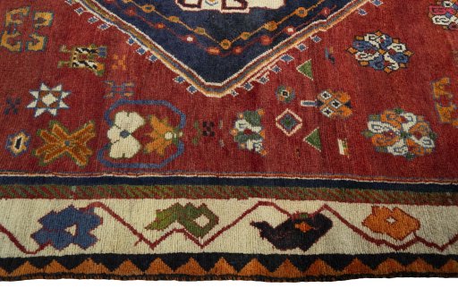 Full view of 2000s Persian Gabbeh rug from Iran / Persia, 230 × 158 cm in Red tones