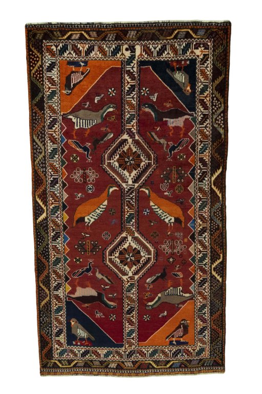 Full view of 2000s Persian Gabbeh rug from Iran / Persia, 235 × 130 cm in Red tones