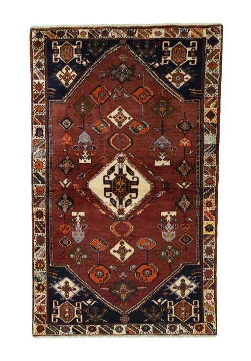 Full view of 2000s Persian Gabbeh rug from Iran / Persia, 183 × 111 cm in Red tones