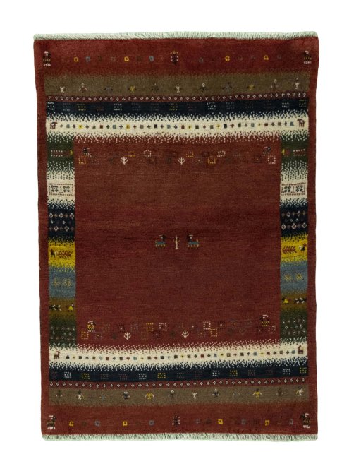 Full view of 2000s Persian Gabbeh rug from Iran / Persia, 142 × 101 cm in Red tones