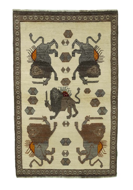 Full view of 2000s Persian Gabbeh rug from Iran / Persia, 192 × 122 cm in Beige tones
