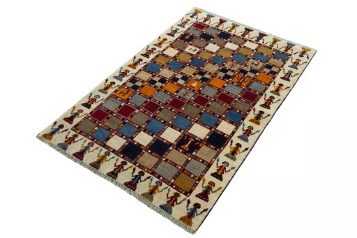 Corner detail of 2000s Persian Gabbeh rug showing border pattern and Wool pile