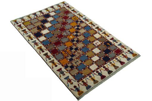 Close-up detail of 2000s Persian Gabbeh rug from Iran / Persia showing Wool weave