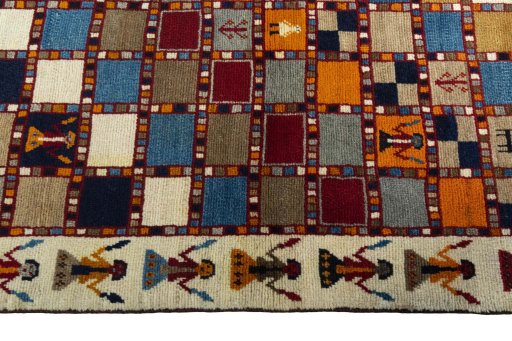 Close-up detail of 2000s Persian Gabbeh rug from Iran / Persia showing Wool weave