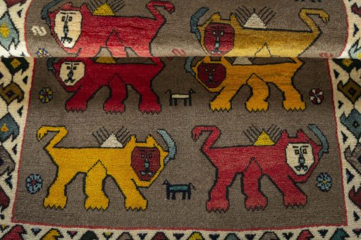 Full view of 2000s Persian Gabbeh rug from Iran / Persia, 147 × 104 cm in Gray tones