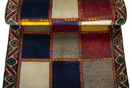 Full view of 2000s Persian Gabbeh rug from Iran / Persia, 140 × 78 cm in Multi Color tones