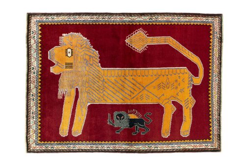 Full view of 2000s Persian Gabbeh rug from Iran / Persia, 209 × 151 cm in Red tones
