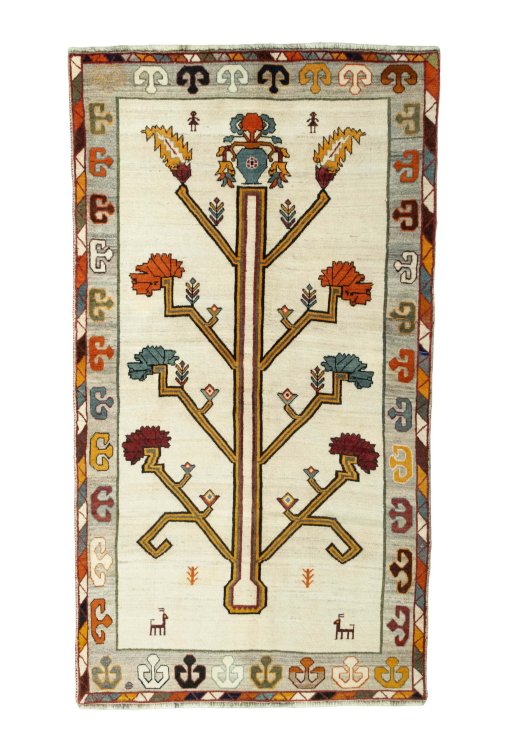 Full view of 2000s Persian Gabbeh rug from Iran / Persia, 257 × 142 cm in Beige tones