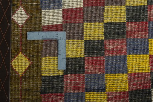Close-up detail of 2000s Persian Gabbeh rug from Iran / Persia showing Wool weave