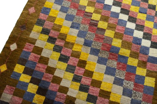 Backside of handmade 2000s Persian Gabbeh rug showing knot structure and weave density