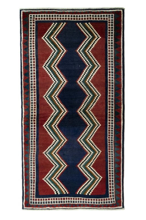 Full view of 2000s Persian Gabbeh rug from Iran / Persia, 198 × 104 cm in Blue tones
