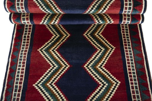 Full view of 2000s Persian Gabbeh rug from Iran / Persia, 198 × 104 cm in Blue tones