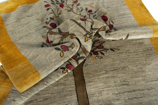 Corner detail of New Persian Gabbeh rug showing border pattern and Wool pile