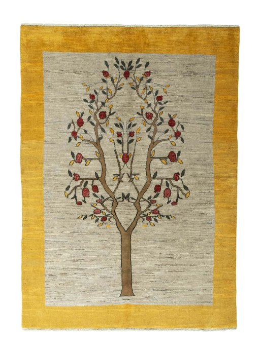 Full view of New Persian Gabbeh rug from Iran / Persia, 240 × 172 cm in Beige tones