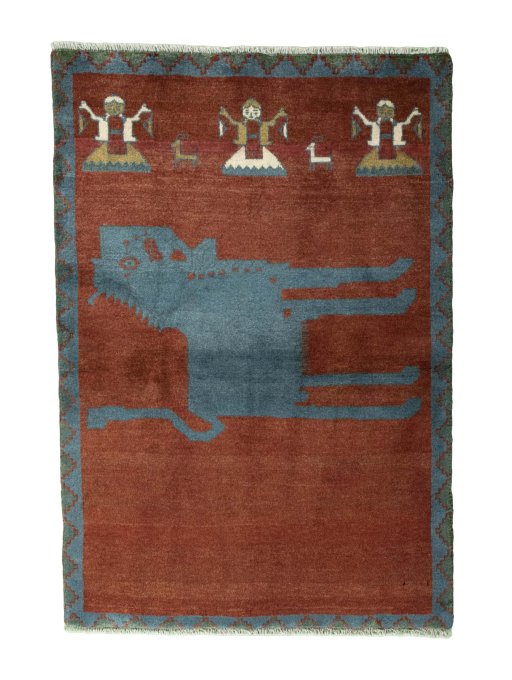 Full view of 2000s Persian Gabbeh rug from Iran / Persia, 149 × 103 cm in Red tones