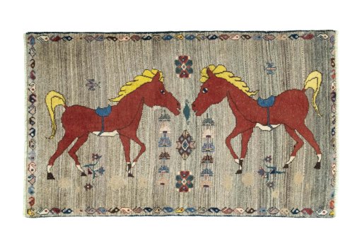 Full view of 2000s Persian Gabbeh rug from Iran / Persia, 134 × 81 cm in Beige tones
