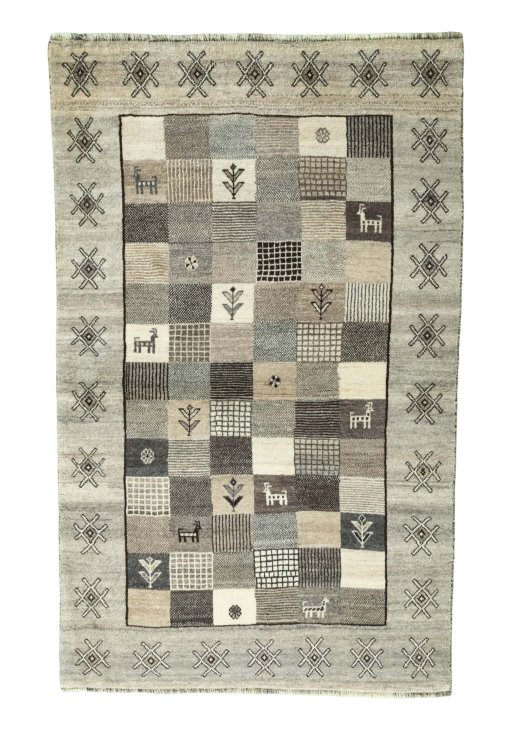 Full view of 2000s Persian Gabbeh rug from Iran / Persia, 192 × 120 cm in Gray tones