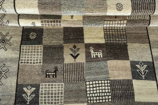 Full view of 2000s Persian Gabbeh rug from Iran / Persia, 192 × 120 cm in Gray tones
