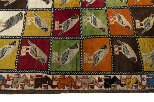 Close-up detail of 1970s Persian Gabbeh rug from Iran / Persia showing Wool weave