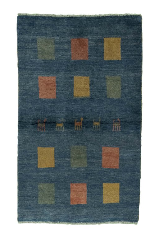 Full view of 2000s Persian Gabbeh rug from Iran / Persia, 190 × 115 cm in Blue tones