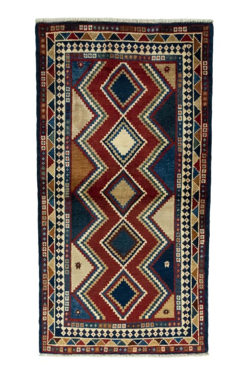 Full view of 2000s Persian Gabbeh rug from Iran / Persia, 192 × 101 cm in Multi Color tones