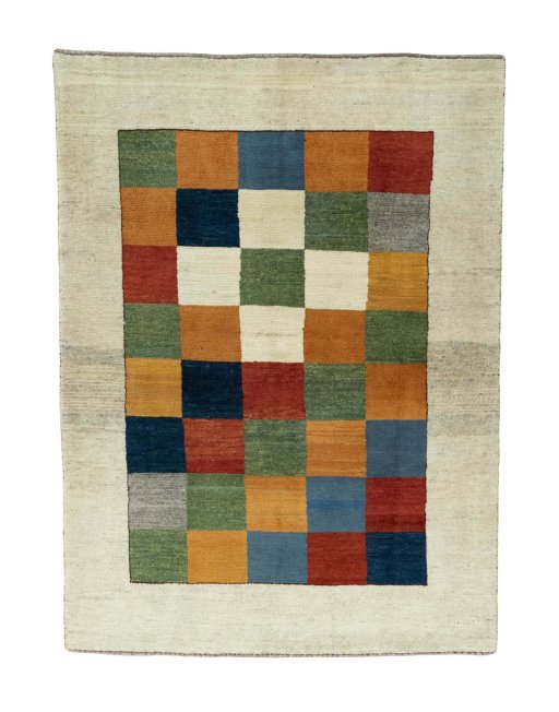 Full view of 2000s Persian Gabbeh rug from Iran / Persia, 206 × 151 cm in Multi Color tones
