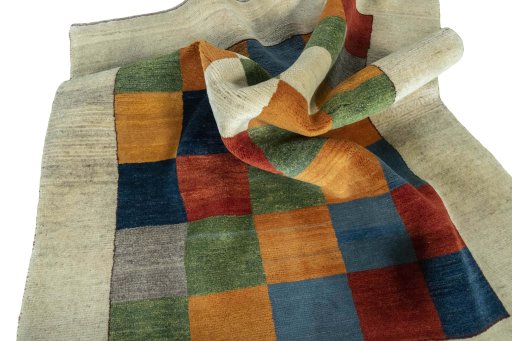 Close-up detail of 2000s Persian Gabbeh rug from Iran / Persia showing Wool weave