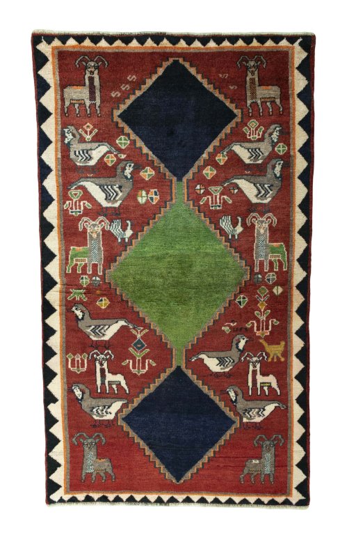 Full view of 2000s Persian Gabbeh rug from Iran / Persia, 205 × 120 cm in Red tones