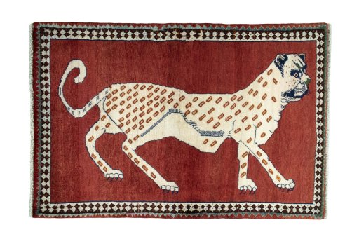 Full view of 2000s Persian Gabbeh rug from Iran / Persia, 154 × 103 cm in Red tones