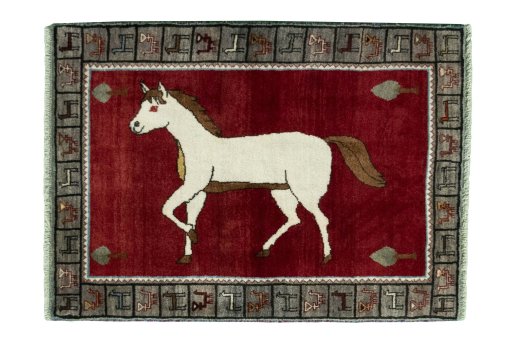 Full view of 2000s Persian Gabbeh rug from Iran / Persia, 130 × 95 cm in Red tones