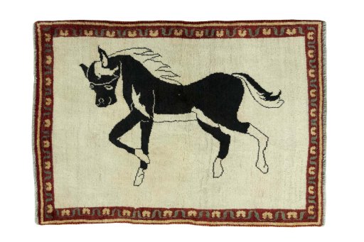 Full view of 2000s Persian Gabbeh rug from Iran / Persia, 146 × 105 cm in Beige tones