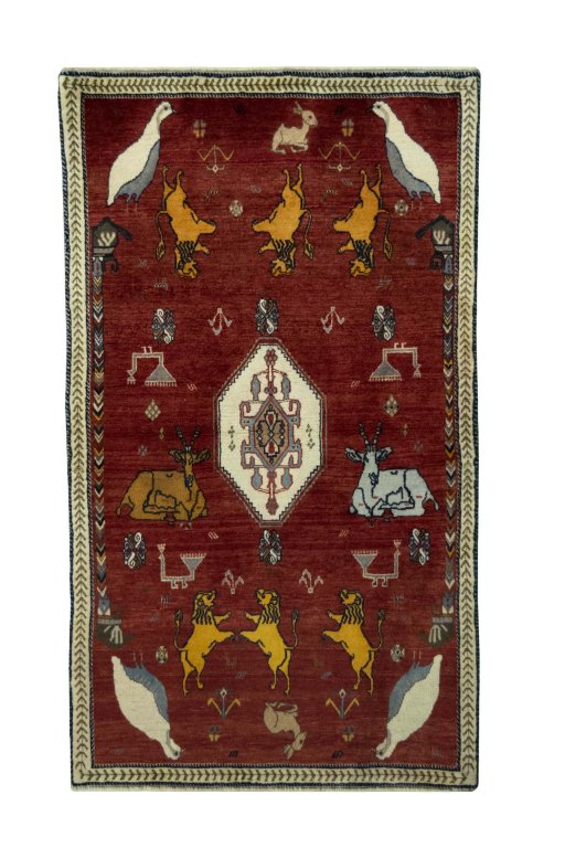 Full view of 2000s Persian Gabbeh rug from Iran / Persia, 193 × 112 cm in Red tones