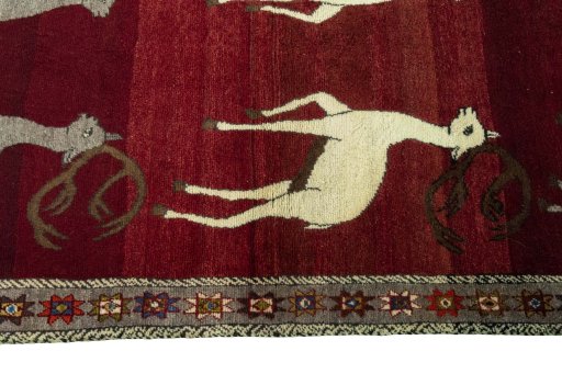 Close-up detail of 2000s Persian Gabbeh rug from Iran / Persia showing Wool weave