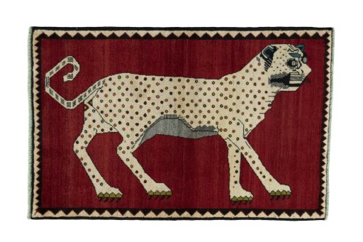 Full view of 2000s Persian Gabbeh rug from Iran / Persia, 156 × 103 cm in Red tones