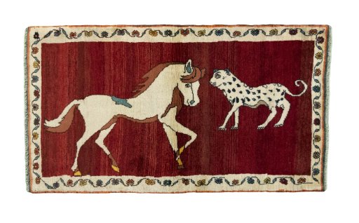 Full view of 2000s Persian Gabbeh rug from Iran / Persia, 177 × 101 cm in Red tones