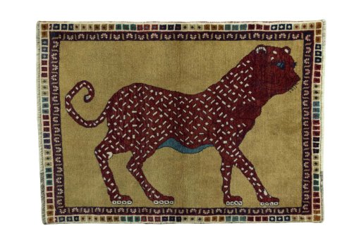 Full view of 2000s Persian Gabbeh rug from Iran / Persia, 154 × 111 cm in Yellow tones