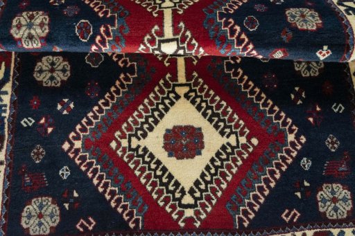 Full view of 2000s Persian Gabbeh rug from Iran / Persia, 158 × 113 cm in Blue tones