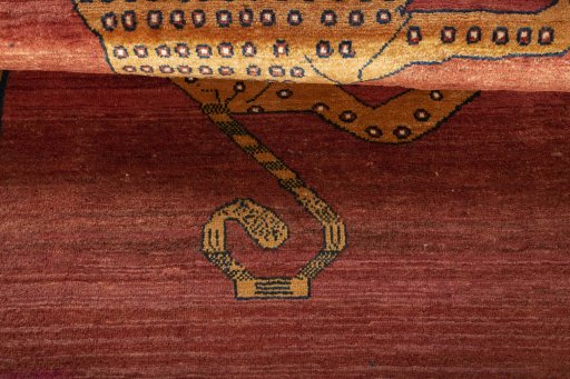 Full view of 1970s Persian Gabbeh rug from Iran / Persia, 180 × 122 cm in Red tones