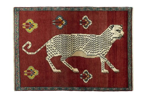 Full view of 2000s Persian Gabbeh rug from Iran / Persia, 188 × 135 cm in Red tones