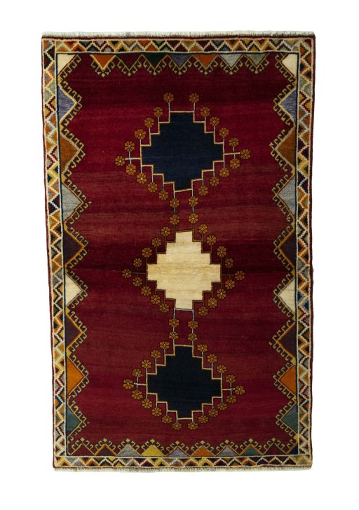 Full view of 2000s Persian Gabbeh rug from Iran / Persia, 194 × 120 cm in Red tones