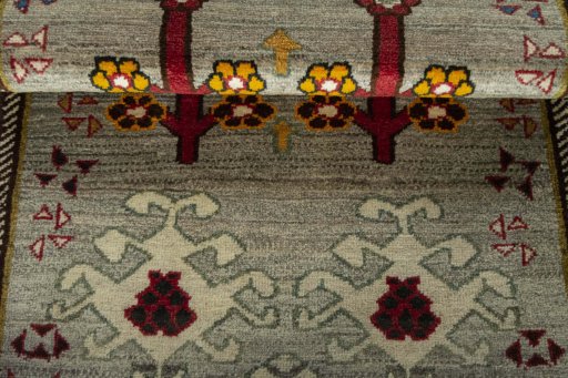 Full view of 2000s Persian Gabbeh rug from Iran / Persia, 180 × 90 cm in Gray tones