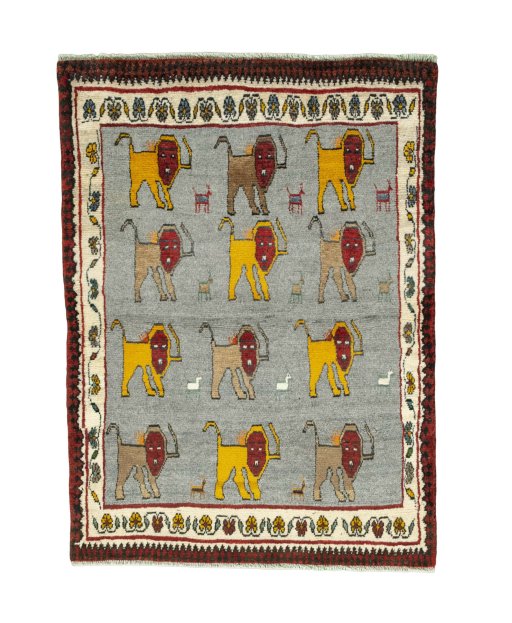 Full view of 2000s Persian Gabbeh rug from Iran / Persia, 146 × 105 cm in Gray tones