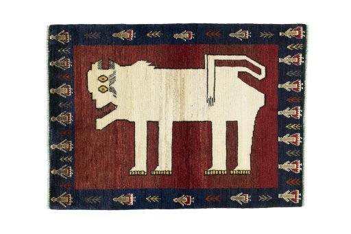 Full view of 2000s Persian Gabbeh rug from Iran / Persia, 145 × 105 cm in Red tones