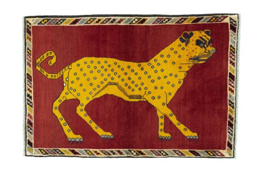 Full view of 2000s Persian Gabbeh rug from Iran / Persia, 155 × 105 cm in Red tones