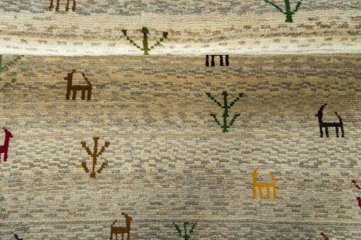 Full view of 2000s Persian Gabbeh rug from Iran / Persia, 141 × 105 cm in Beige tones