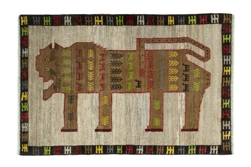 Full view of 2000s Persian Gabbeh rug from Iran / Persia, 153 × 103 cm in Gray tones