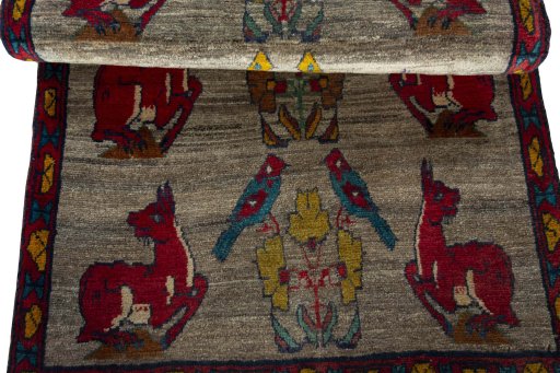 Full view of 2000s Persian Gabbeh rug from Iran / Persia, 149 × 88 cm in Gray tones